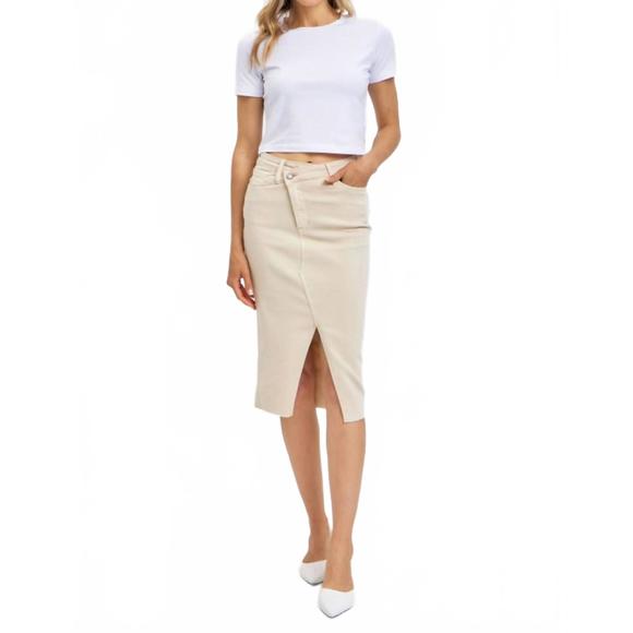 NEW JUDY BLUE high waist garment dyed criss-cross front slit long skirt in bone - Picture 1 of 7